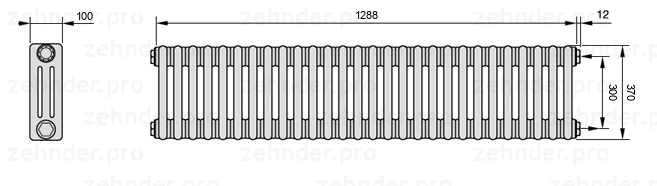 Схема (чертеж) Радиатор Zehnder Charleston 3037/28 №7610 Белый глянцевый RAL 9016